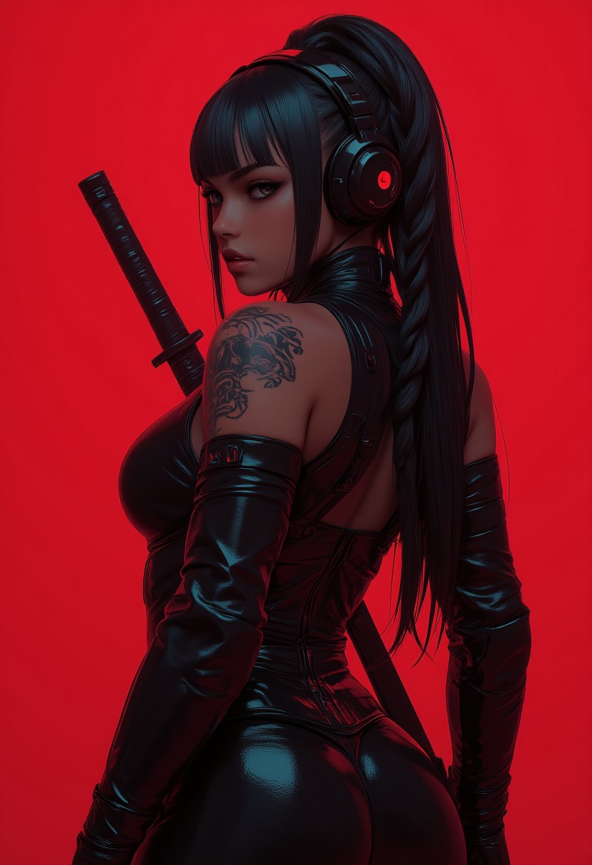 black and white and red action shot a beautiful black ninja girl with a black mask and skinny suit like cat woman, two swords on her back, photorealistic beautiful face, mixed media photography, black long hair with bangs and braids and a hair band, Tattoos, dark white and cyan, cinematic lighting, strong black lines, photo-realistic techniques, realistic digital drawing, in stunning digital paint, gorgeous digital painting, deep shadows, photo-realistic eyes, photo-realistic skin, photo Mario Testino, detailed facial feature, rtx, Uhd, expressive character designs, adventurecore, Nikon dslr, digital airbrushing, utilizing vray tracing for extraordinary realism, unreal engine 5, high resolution