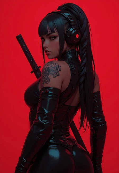 black and white and red action shot a beautiful black ninja girl with a black mask and skinny suit like cat woman, two swords on her back, photorealistic beautiful face, mixed media photography, black long hair with bangs and braids and a hair band, Tattoos, dark white and cyan, cinematic lighting, strong black lines, photo-realistic techniques, realistic digital drawing, in stunning digital paint, gorgeous digital painting, deep shadows, photo-realistic eyes, photo-realistic skin, photo Mario Testino, detailed facial feature, rtx, Uhd, expressive character designs, adventurecore, Nikon dslr, digital airbrushing, utilizing vray tracing for extraordinary realism, unreal engine 5, high resolution