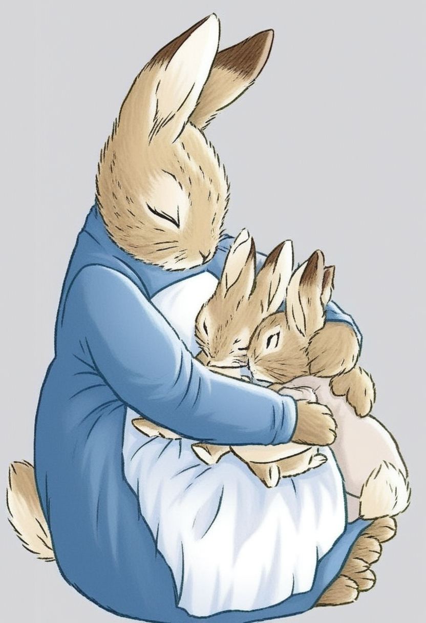Score_9,  drawing,  in the style of Beatrix Potter,  mother rabbit hugging her baby rabbit