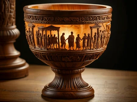 award winning photo, 

A masterpiece of artwork, the carved wooden chalice depicting scenes from ancient Rome around the cup. It glows with an ethereal light, luminous from within,