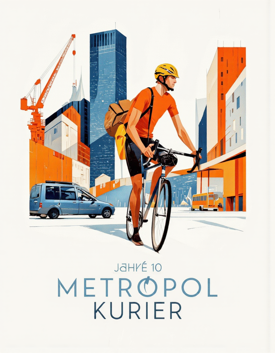Art by Riccardo Guasco. A minimalist illustration of a cyclist riding a bicycle in front of a modern cityscape with geometric shapes and buildings in shades of orange and blue, set against a white background. in the center of the image, a man wearing an orange t-shirt and a yellow helmet is depicted, standing with his bicycle in hand, wearing a bag on his shoulder. he appears to be a cyclist, with a determined expression, and the text "jahre 10 metropol kurier" is written in a modern, sans-serif font at the bottom. the man is positioned in the middle of the illustration, with the cityscape in the background, featuring tall buildings, cranes, and a bus, creating a vibrant and dynamic composition.