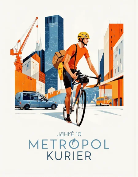 Art by Riccardo Guasco. A minimalist illustration of a cyclist riding a bicycle in front of a modern cityscape with geometric shapes and buildings in shades of orange and blue, set against a white background. in the center of the image, a man wearing an orange t-shirt and a yellow helmet is depicted, standing with his bicycle in hand, wearing a bag on his shoulder. he appears to be a cyclist, with a determined expression, and the text "jahre 10 metropol kurier" is written in a modern, sans-serif font at the bottom. the man is positioned in the middle of the illustration, with the cityscape in the background, featuring tall buildings, cranes, and a bus, creating a vibrant and dynamic composition.