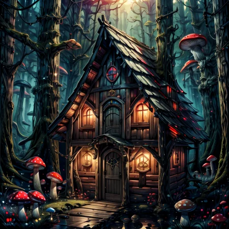 ((masterpiece,best quality)), absurdres, 8k, intricate, high detail,   
<lora:Magical_Forest_Home_v2:0.8>, Magical_Forest_Home, (detailed wooden door:1), mushrooms, Mushroom house, magic, glowing,
<lora:more_details:0.7>