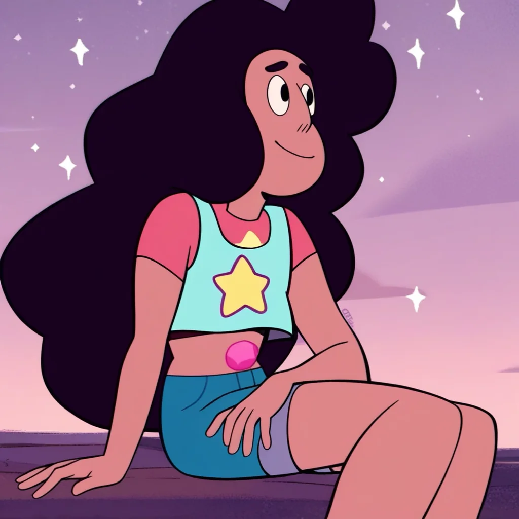 stevonnie, dark skin, puffy hair, dark hair, long hair, shirt, short sleeves, star (Symbol), tank-top, stevonnie outfit #1, shorts, bare legs, half body, smiling, pin-up, 1girl, solo, solo female, score_6, score_6_up, score_7, score_7_up,