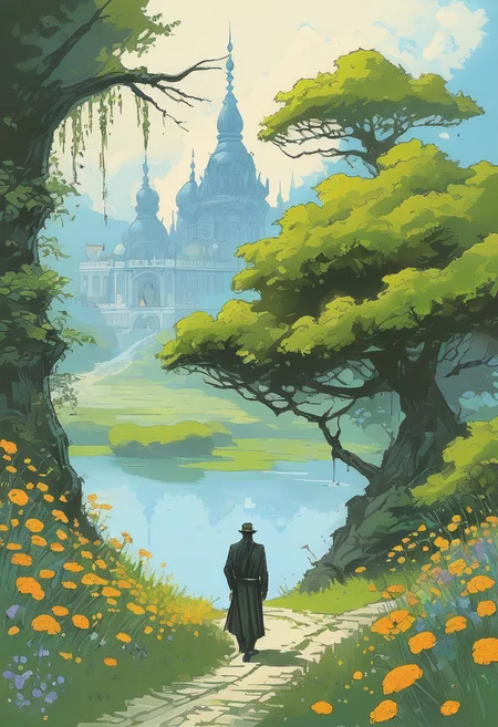 <lora:kallmekris:0.5> kallmekris mixed with <lora:esme_sdxl:0.5> esme , fantasy, fantasy art, A mystical forest filled with ancient trees, glowing flowers, and ethereal creatures like fairies and talking animals. animals, fairies, magical creatures, fantastic beasts,  The atmosphere is both enchanting and eerie, with shadows of lurking dangers. In the center, a gateway to different realms. Bengali landscape, Indian landscape,, i oil painting, palette knife soft brushstrokes, heavy strokes, dripping paint, art station on trend, sharp focus, intricate details, highly detailed ,art by enki bilal, art by philippe druillet, art by moebius, inspired by french comics art ,art by Jakub Rozalski,
