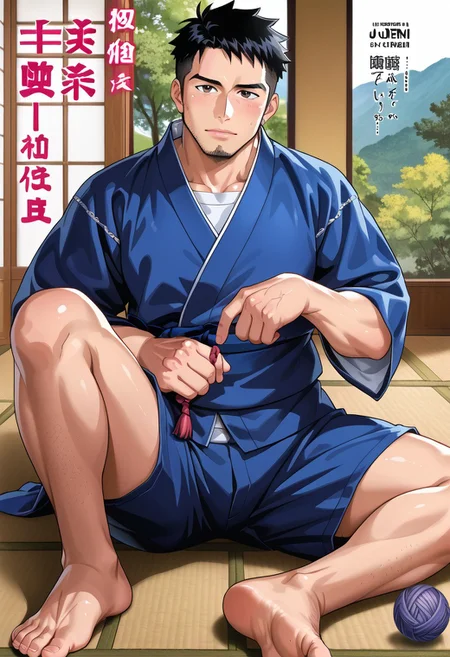 safe_pos, (Aaaild, Aaadjd, manga cover, cover page, magazine cover, text:1.3) source_anime, safe_pos, perfect anatomy, perfect proportions, best quality, masterpiece, high_resolution, high quality, (solo focus, male focus, male only, bara, gay, homo, mature, masculine, manly, virile, macho, hunky, rugged, middle-age, daddy, dilf, handsome), alluring, seductive, heroic, serious, grim, stern, unsociability, bluntness, gruffness, naughty face, moaning, dazed, looking at viewer, BREAK (asian man, japanese male, dark eyes, black hair, sideburns, unkept facial hair, stubble, chinstrap beard, jawline beard, trimmed buzzcut, hair lies flat against the scalp), BREAK (blue clothes, japanese clothes, closed jinbei, Hannekenjinbei, jinbei, blue jinbei, short sleeves, side-knot closure clothing, yarn knitting on sleeves, jinbei shorts, blue shorts, knee-length shorts, wide shorts:1.5), barefoot, bare neck, collarbone, BREAK sitting on wooden floor, lying on back, relaxed pose, leaning slightly, one knee bent upward, legs spread, hand supporting head, contemplative expression, horny, kinky, domination, heavy breathing, enticed, shading, countershading, bright atmosphere, japanese architecture, nature, sunlight, wooden floor, indoors, inside log cabin, irori \(japanese fireplace\), washitsu \(japanese-style room\), garden, engawa \(japanese architecture\)