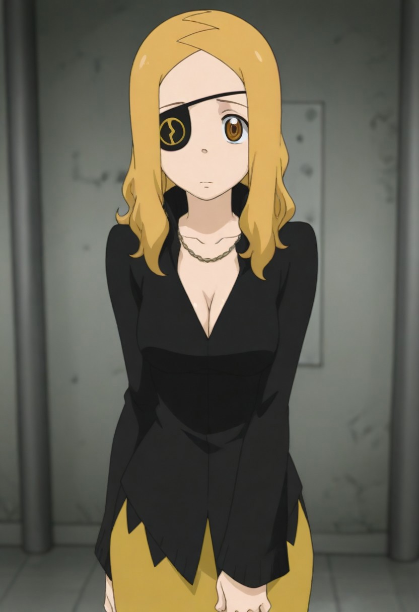 masterpiece, best quality, amazing quality, 1girl, solo,,, shiny skin,,,<lora:Marie_Mjolnir:1>mmjolnir, blonde hair, long hair, brown eyes, right eyepatch,, cleavage, necklace, black dress , gold skirt, long skirt, long sleeves, jewelry,