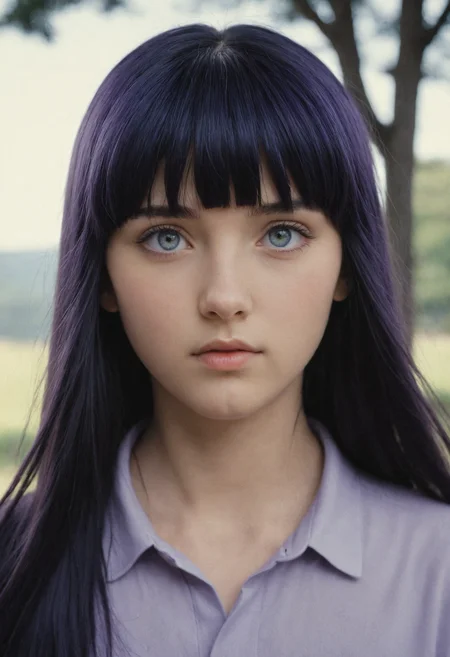 Hyperrealistic art <lora:Hinata Hyuuga:1>,hhwiafu,woman,bangs,photo,1girl,, cinematic still, prompt . , 35mm photograph. emotional, harmonious, vignette, highly detailed, high budget, bokeh, cinemascope, moody, epic, gorgeous, film grain, grainy, (raven colored hair, straight hair,hime cut, bangs, very long hair:1), (Eyes, Pale lavender/white, lacking visible pupils under normal conditions:1), (Skin, Fair complexion:1), (Height, Starts as petite but grows taller:1), (Build, Slender but athletic:1). . Extremely high-resolution details, photographic, realism pushed to extreme, fine texture, incredibly lifelike