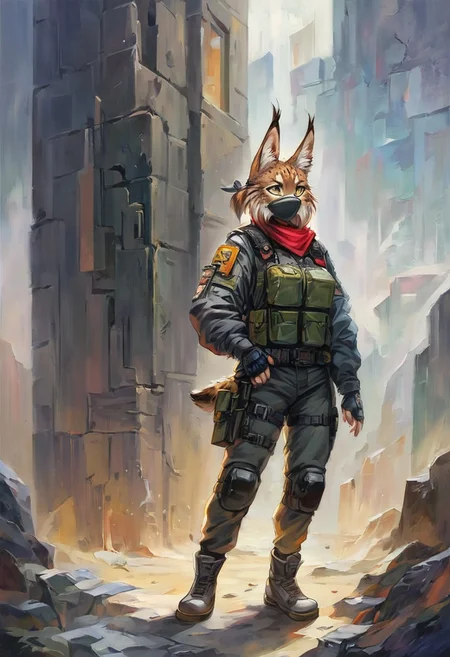 Score 9, Score_8_up, Score_7_up, ng_deepnegative_v1_75t, negative_hand, charturnerv2, knee-deep portrait of adult female, banners, starship, high technology, shirt, fingerless gloves, soldier uniform,, , anime, Arknight provens, detailed background, cyberpunk, bandana, facemask, furry, lynx species, lynx tail, lynx ears