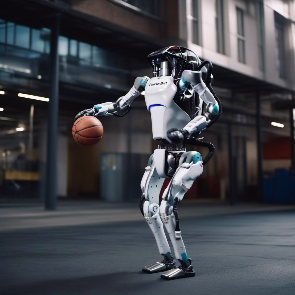a robot playing urban basketball, (((text ''PhotobAIt''))) <lora:Atlas1024-000160:0.8>