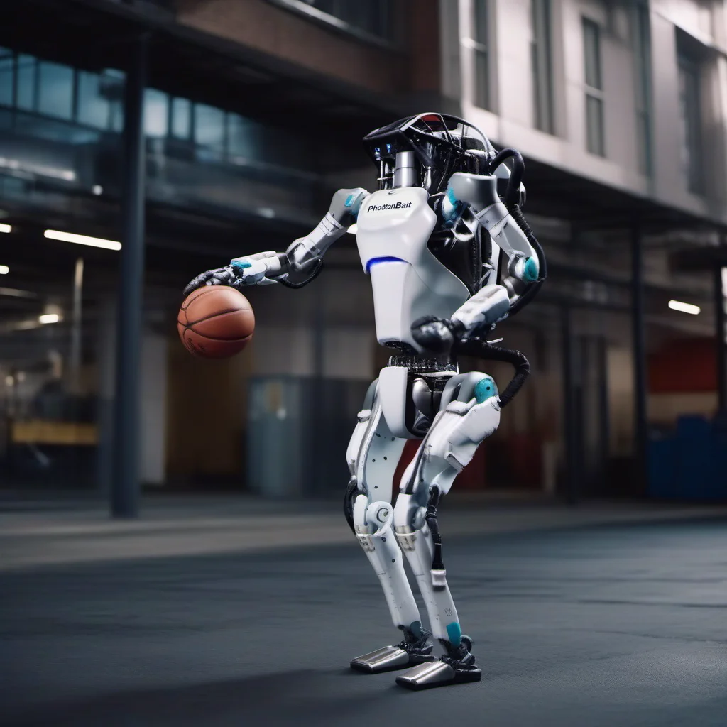 a robot playing urban basketball, (((text ''PhotobAIt''))) <lora:Atlas1024-000160:0.8>