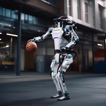 a robot playing urban basketball, (((text ''PhotobAIt''))) <lora:Atlas1024-000160:0.8>