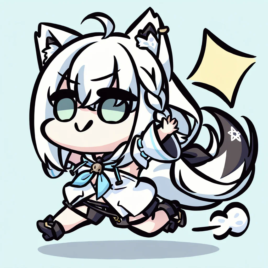 chibi, 1girl,shirakami fubuki \(1st costume\),hololive,animal ear fluff,animal ears,bangs,braid,fox ears,fox girl,hair between eyes,long hair,white hair,ahoge,single braid,green eyes,sidelocks,fox tail,tail,breasts,earrings,small breasts,medium breasts,<lora:Kei_Style_noob-4:1>,