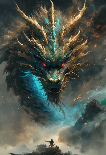 minimalism style, WLOP art style, a character worrior , facial muscles, eye light, dragon behind, cinematic foootage, fantasy, intricate details,8k post production,dark red gold tone blue white green