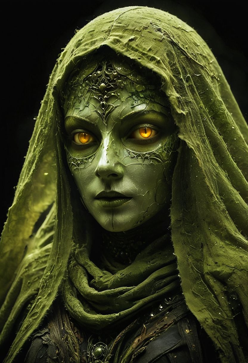 style of Guido Argentini, Capture a stunning Closeup of an Solid enforced midsummer witch upon a hill,  from a mushroom in an eerie nightly Mountain beautiful Nature moss and birch tomb, feudal shinobi armored white Spirit wearing hooded Linen cape designed By Studio ghibli, with long flowing cape and high collar, only the eyes glow in the dark, masked with a Bright translucent amber Mask inspired By HR Giger and Franco Fontana,  very detailed and vibrant outworn but colorful, She is wearing armor made entirely Made of marbles, both liquid and hard. The marbles are meticulously laid over her arms and limbs, securely fastened with ancient leather straps. , wielding colorful two-toned giant sword, 
very detailed, Shot in UHD