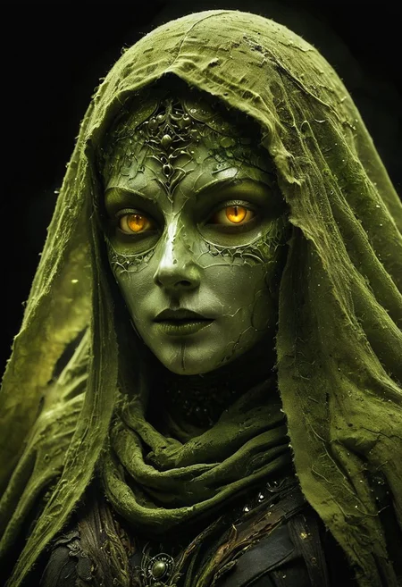 style of Guido Argentini, Capture a stunning Closeup of an Solid enforced midsummer witch upon a hill, from a mushroom in an eerie nightly Mountain beautiful Nature moss and birch tomb, feudal shinobi armored white Spirit wearing hooded Linen cape designed By Studio ghibli, with long flowing cape and high collar, only the eyes glow in the dark, masked with a Bright translucent amber Mask inspired By HR Giger and Franco Fontana, very detailed and vibrant outworn but colorful, She is wearing armor made entirely Made of marbles, both liquid and hard. The marbles are meticulously laid over her arms and limbs, securely fastened with ancient leather straps. , wielding colorful two-toned giant sword,
very detailed, Shot in UHD