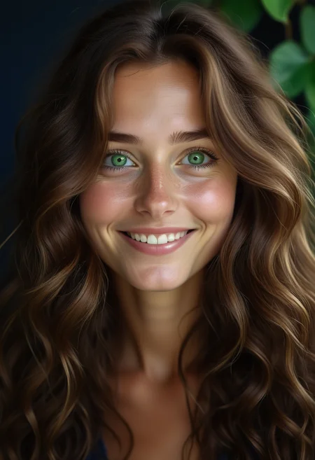 2d, A portrait of a woman with long, wavy chestnut brown hair cascading over her shoulders, her green eyes sparkling with mischief, and a subtle, knowing smile on her lips., highly detailed, Biophilic, hard light, deep indigo, sad atmosphere <lora:usual-portrait-v2:1>