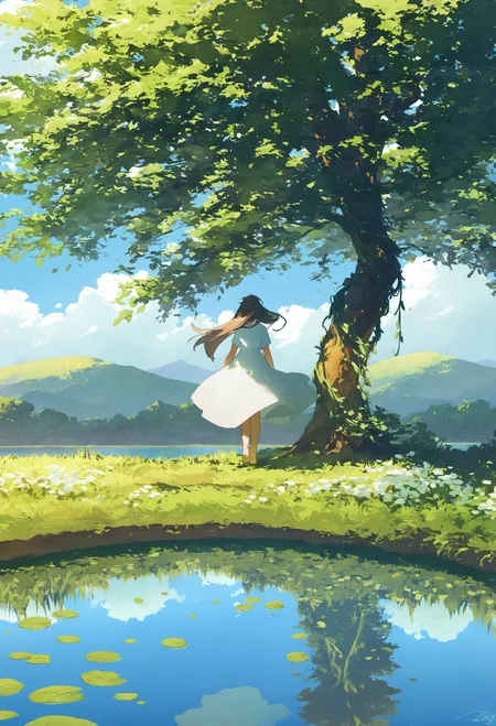 1girl,
dress, white dress, solo, long hair, outdoors, flower, wide shot, tree, short sleeves, brown hair, scenery, from behind, day, standing, leaf, grass, sky, facing away, plant, white flower, blue sky, shadow, reflection, barefoot, vines, nature, hill, wind, water, long dre, landscape, cloud, horizon, cloudy sky, mountainous horizon,
.
masterpiece, best quality, very aesthetic, absurdres
<lora:potgfornoob:0.95>