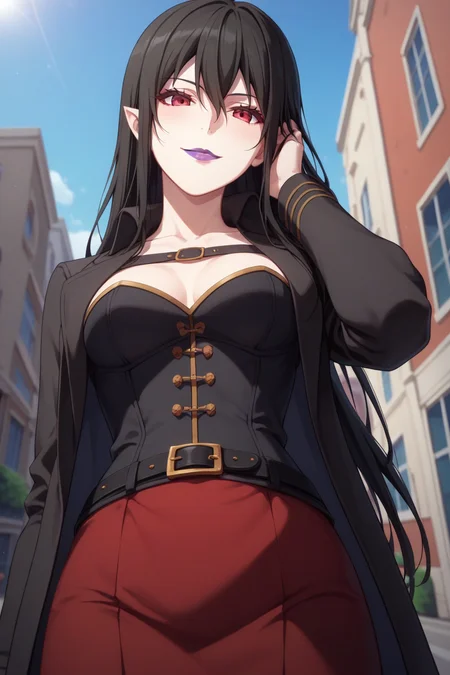 score_9, score_8_up, score_7_up, source_anime, 1girl, prefect lighting, very aesthetic, intricate details, highly detailed background, masterpiece, high quality, prefect hands, best quality, solo,
<lora:Enigma_Musaigen_no_Phantom_World_V1:.85>, black hair, red eyes, purple lipstick, hair between eyes, long hair, short pointy ears, pale skin,
red skirt, black belt, corset,black open jacket,
from below, POV, leaning forward, seductive smile, smirk, standing, blush, looking at viewer, head tilt, yandere trance, adjusting hair, head tilt, bent over,
daytime, street, sunny, building,
(Beautiful, medium Breasts:1.2), natural breasts,