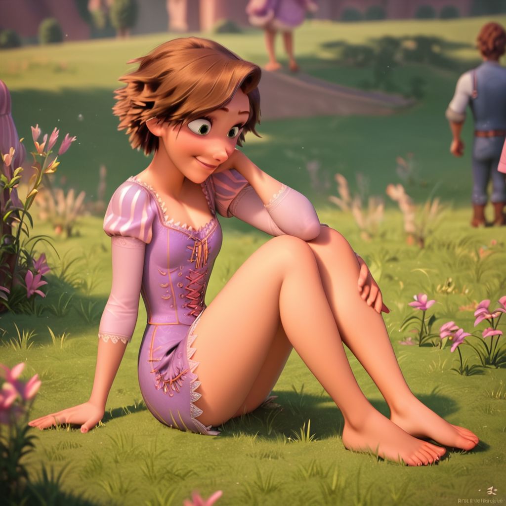 score_9, score_8_up, score_7_up, score_6_up, score_5_up, score_4_up, rating_safe, 1girl, Rapunzel, in a field, small smile, sitting on the ground, short hair, barefoot