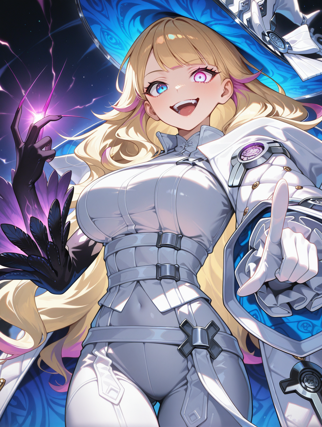 diabellze the original sinkeeper,1girl,solo,open mouth,evil grin,looking at viewer,teeth,:d,white witch hat,white bodysuit,white coat,pointing to viewer,glowing eye,heterochromia,very long fingernails,single purple elbow glove,
masterpiece,best quality,amazing quality,very aesthetic,absurdres,newest,<lora:diabellstar the black witch and original sinkeeper illuXL v1.2:0.8>,