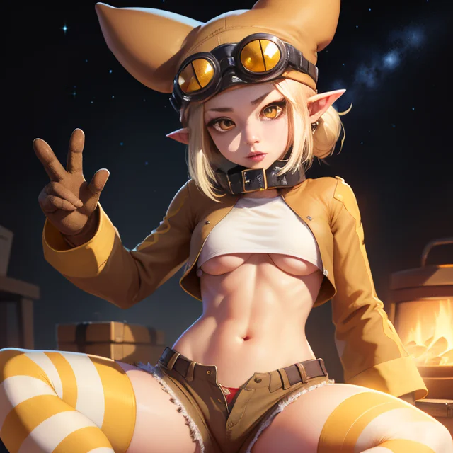 Thief,blonde hair,pointy ears,navel ,yellow eyes,ponytail,underboob,slit pupils,orange eyes,fang ,
ThiVS,animal hat,striped thighhighs,goggles on head,crop top,brown shorts ,brown gloves,paw shoes,long sleeves ,
outer space, gold treasure chests, stars, milky way, gold coins,
(insanely detailed, beautiful detailed face, masterpiece, best quality) <lora:Thief:0.7>