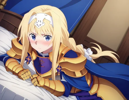 score_9, score_8_up, score_7_up, source_anime,
alicezuberg, <lora:alice-zuberg-s3-ponyxl-lora-nochekaiser:1>,
alice zuberg, bangs, blue eyes, blonde hair, hair between eyes, very long hair, braid, hairband, white hairband,
dress, cape, armor, blue dress, shoulder armor, gauntlets, pauldrons, breastplate, armored dress, faulds, blue cape, knight, gold armor, body armor,
indoors, bed, bed room, on side, blush, drunk,
solo, looking at viewer, cowboy shot, dutch angle,