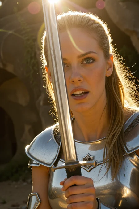 epic, female, screencap from an action movie, holding a sword, cinematic lighting, golden hour, outdoors, sharp focus, very detailed, the sunlight glints off the silver sword blade