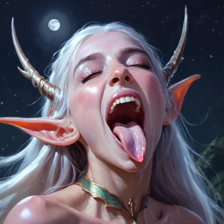 uvula, mouth wide open,Frontview, Long Tongue out, A ((painting)) of a stunning happy high elf princess woman sticking her pink tongue out,moonlight, ethereal,  <lora:concept_tongue_out_xl_1_standard_merger_57_80_04_06:0.6>