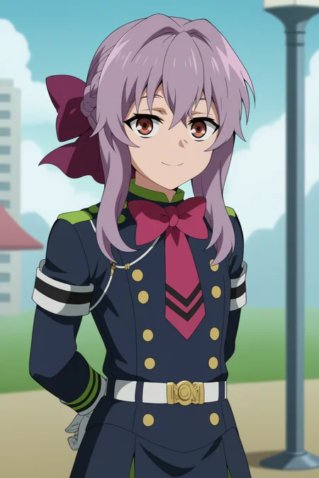 1girl,solo,shinoa hiragi,gloves,long hair,white gloves,uniform,military,braid,purple bow,looking at viewer,arms behind back,smile,outdoors,grey sky,tornado <lora:Shinoa_Hiragi_-_Owari_No_Seraph.safetensors:0.8>