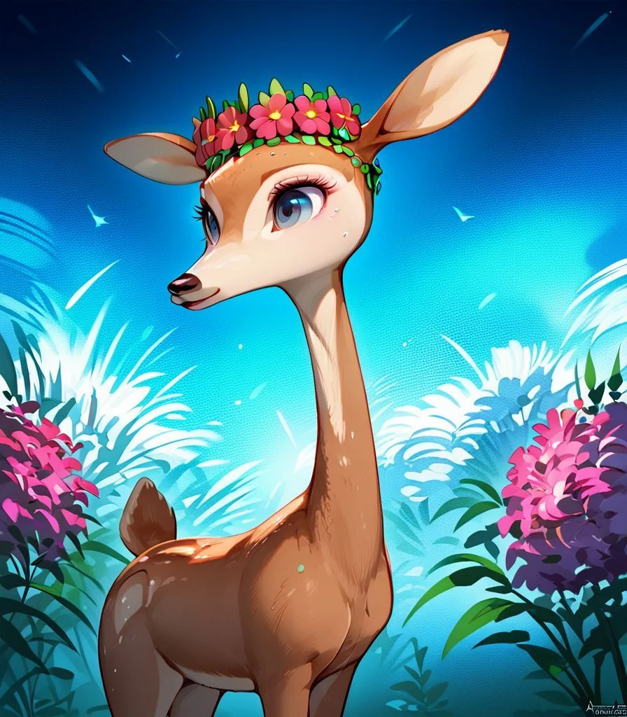 score_9, score_8_up, score_7_up, feral female, deer, giselle_\(open_season\), detailed_eyes, side view, flower crown, wallpaper, abstract background, <lora:GisellePDXL-000009:0.9>, frumples style, <lora:Frumples_Style:0.8>