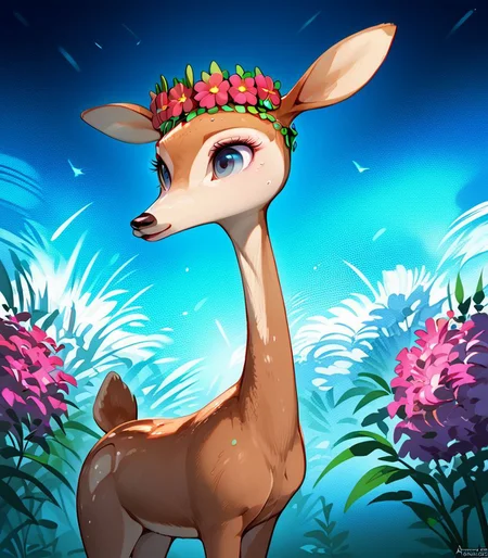 score_9, score_8_up, score_7_up, feral female, deer, giselle_\(open_season\), detailed_eyes, side view, flower crown, wallpaper, abstract background, <lora:GisellePDXL-000009:0.9>, frumples style, <lora:Frumples_Style:0.8>