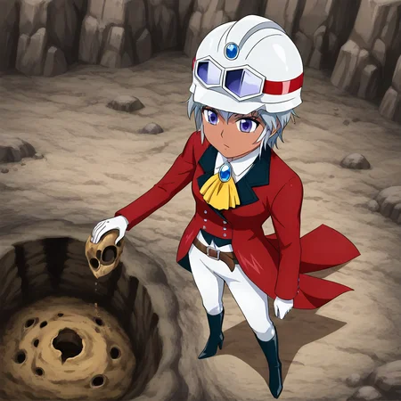 Asana Mutsuba, 1girl, solo, dark skin, short hair, grey hair, white hair, blue eyes, purple eyes, white shirt, blue brooch, red coat, yellow ascot, white gloves, brown belt, white pants, black footwear, high heel boots, knee boots, helmet, Google on gelmet, digging fossil, from above, rocky background,