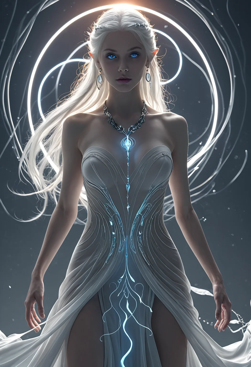 professional 3d model <lora:ul0px:1>,ul0px,(dress, jewelry, necklace, earrings, fantasy art),<lora:Beeple_holography:1>,Beeple,(holography, volumetric lights, scenery, aura:1.3),, (Height, Tall and statuesque, 6 feet (183 cm), imposing and regal presence:1), (Build, Slim and athletic, lithe, graceful figure, elven agility and warrior training, ethereal elegance:1), (Hair, Long, silvery-white or pale blonde hair, hair flows loosely, windswept or untamed hair, ghostly and otherworldly aura:1), (Eyes, Glowing red or pale blue eyes, eyes are intense and piercing, radiating malice, sorrow, and a fiery determination:1), (Skin, Pale and ashen, with a grayish hue, undead:1), (skin has a smooth, almost porcelain-like texture, but it appears lifeless and cold:1),, Light aura concept art, a subtle energy field or glow that surrounds a person, object, or scene, often associated with spirituality, healing, or an ethereal appearance. A glowing halo or radiant light surrounding a subject to convey divinity, mystery, or supernatural power. soft gradients, luminous effects, or pastel colors, an emanation of a person's energy field, white or golden light symbolizing purity and enlightenment, a radiant, soft glow around the subject, . octane render, highly detailed, volumetric, dramatic lighting