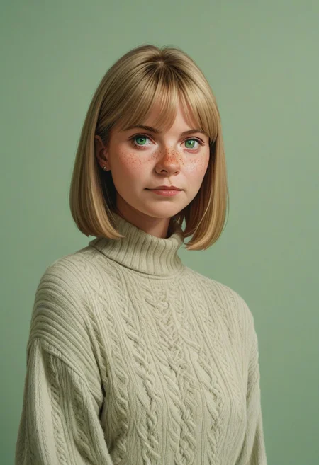 1girl, belatricepamford, pretty face, freckles, manic pixie, light hair, sweater, nose, seductive, 
FOV medium shot, 
simple pastel green background,
score_9,score_8_up