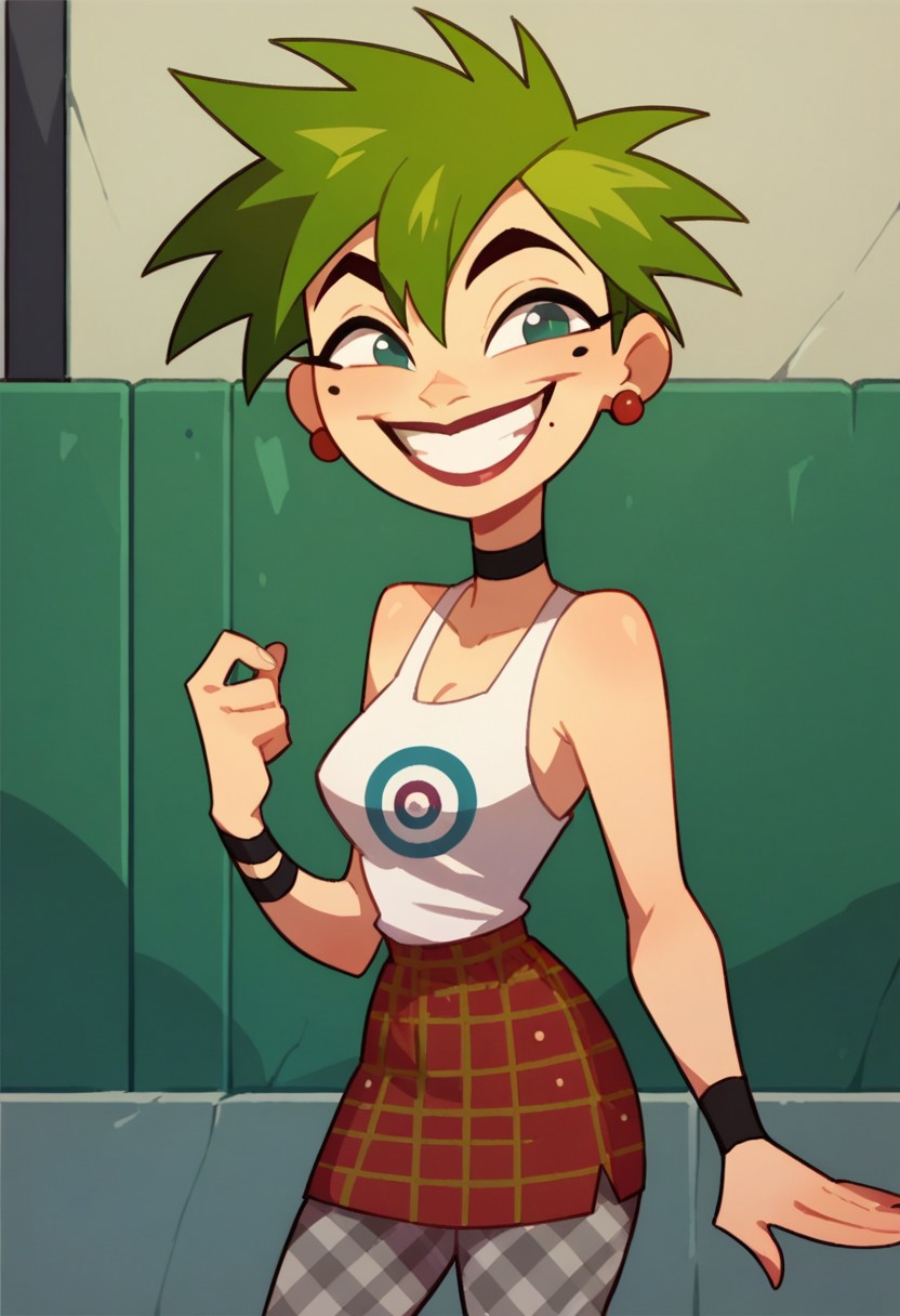 score_9, score_8_up, score_7_up, 1girl, solo, tuesday x, green hair, mole under eye, earrings, chocker, wristband, white tank top, red plaid skirt, grey plaid pantyhose, looking at viewer, smile,