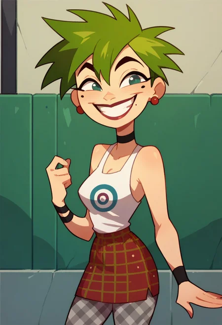 score_9, score_8_up, score_7_up, 1girl, solo, tuesday x, green hair, mole under eye, earrings, chocker, wristband, white tank top, red plaid skirt, grey plaid pantyhose, looking at viewer, smile,