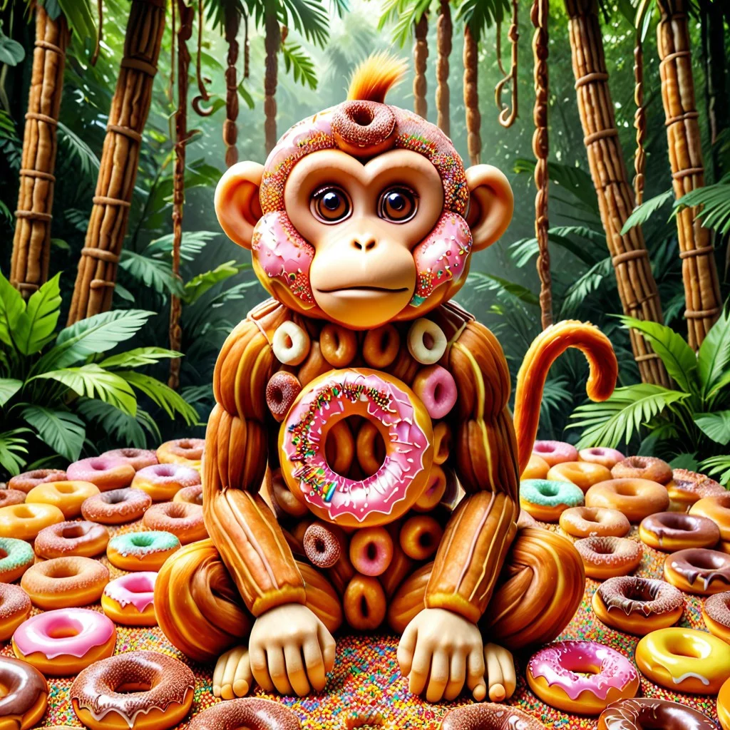 DonutMention, a monkey made of donuts, sprinkles, in the donut jungle, masterpiece, high detail