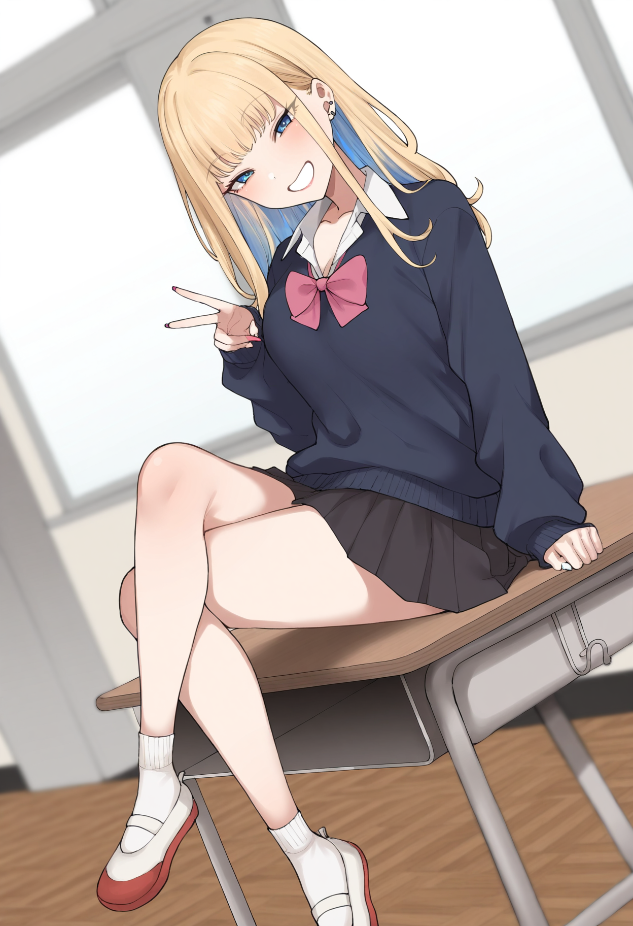 1girl,gyaru,<lora:terasu style locon V pred Ver:1>,terasu style,school uniform,uwabaki,medium breasts,multicolored hair,blonde hair,blue hair,long hair,long eyelashes,blue eyes,giggling,looking at viewer,facing viewer,head tilt,sitting,crossed legs,on table,v,masterpiece,best quality,(newest:1.1),highres,full body,depth of field,classroom,dynamic angle,