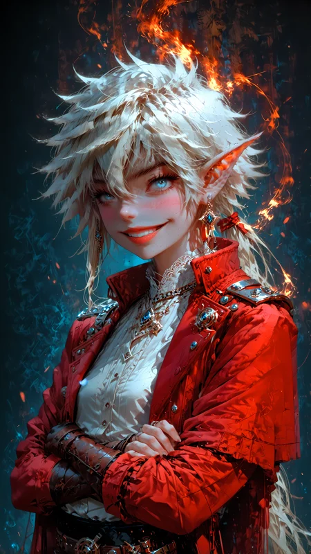 core_9, score_8_up, score_7_up, rating_safe, rating_safe, high res image, masterpiece, best quality, photo-enhanced, max detail, 4k wallpaper, masterpiece, highres, dynamic scene, volumetric,
1girl, Alisaie Leveilleur, ff14, white hair, long ponytail, small breasts, portrait, parted lips, puckered lips, pointed ears, white dress shirt, lace, leather belt, shorts, red coat, crossed arms,
shorts, smile, focus on face,
<lora:Expressive_H:1> <lora:Fant5yP0ny:1> <lora:Vixons Pomy Styles Gothic Neon:.45> <lora:HKStyle_V3:1> <lora:Flash_Glowing_Runes_SDXL:1> <lora:disgusted_face_xl_goofy:1>