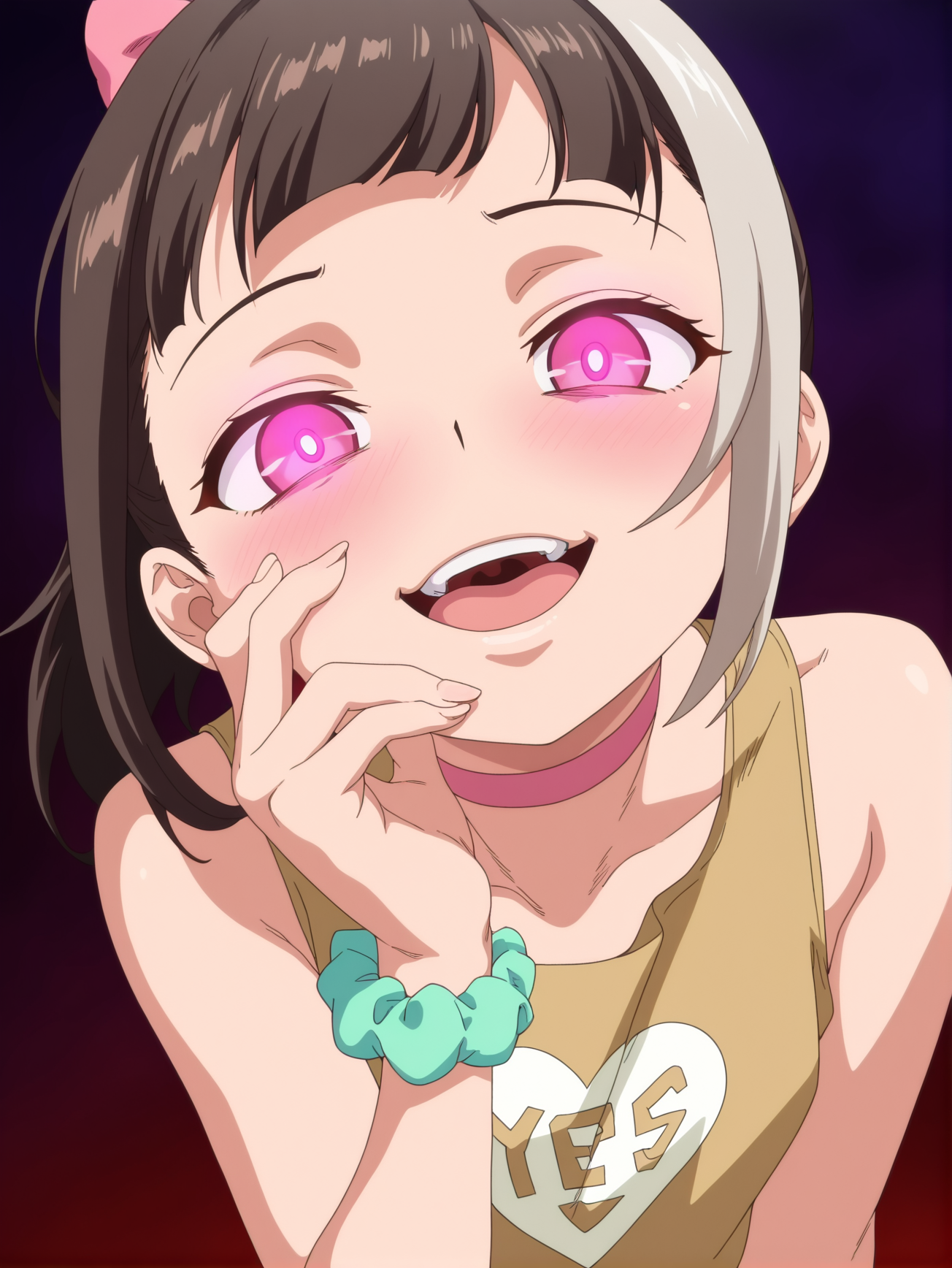 masterpiece, best quality, amazing quality, absurdres, newest, dynamic_angle, defined facial features, dark background, uncensored, 
<lora:Chiaki_Ueno_ILv0b:0.8> chiaki ueno, pink choker, pink bow, green wrist scrunchie, shirt, yes \(text\), 1girl, glowing eyes, yandere trance