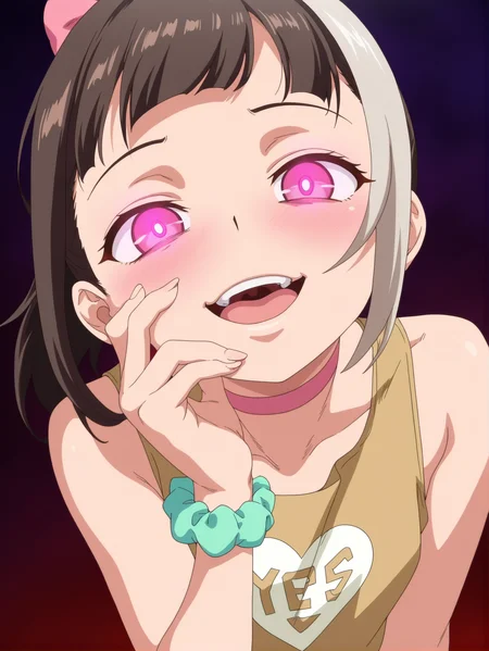 masterpiece, best quality, amazing quality, absurdres, newest, dynamic_angle, defined facial features, dark background, uncensored,
<lora:Chiaki_Ueno_ILv0b:0.8> chiaki ueno, pink choker, pink bow, green wrist scrunchie, shirt, yes \(text\), 1girl, glowing eyes, yandere trance