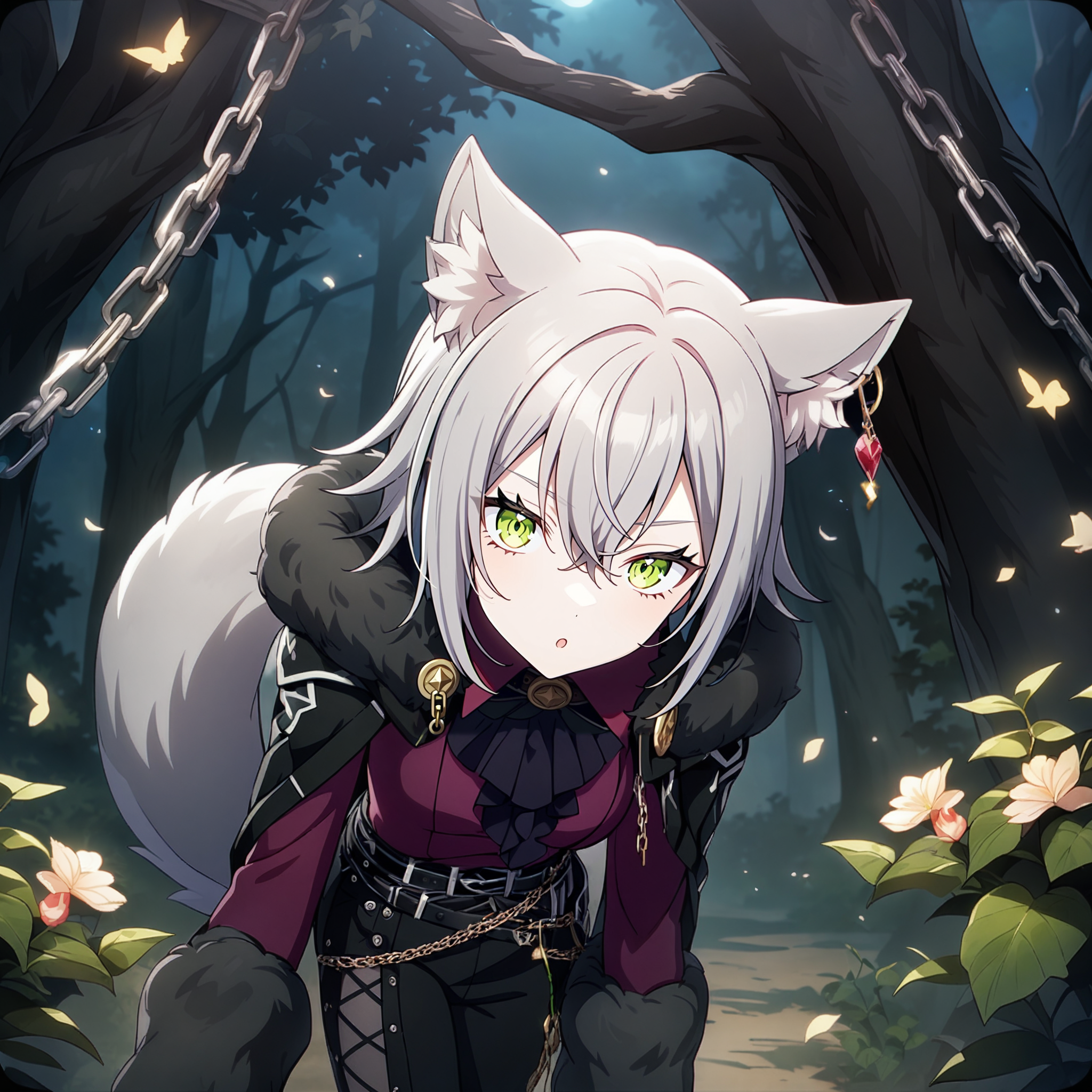 1girl, hinoori shiho, project sekai, masterpiece, very aesthetic, absurdres, official art, newest,
wolfs dark cloak, solo, silver short hair, green eyes, wolf hair,
looking at viewer, :o, leaning forward, BREAK
animal ears, long sleeves, black pants, pants, jewelry, belt, fur trim, jacket, boots, chain, wolf ear, wolf tail, wolf girl,
night, dark, dark atmosphere, in the forest, outdoors, huge tree, flowers, birds, squirrels, nature,
 <lora:sdxl-1A-wolfscloak03:0.9:lbw=0,0,0.2,0.2,0,0.4,0.4,0,0.8,0.8,0,0,0,0.8,0.8,0.6,0.8,0.0,0.0,0.0,0,0,0,0,0,0>