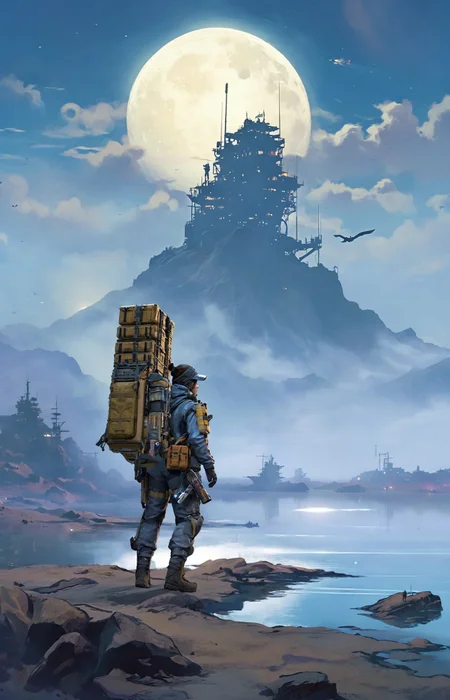 a lovely fascinated girl carries a sizable cargo while wielding a firearm, encapsulating the game's unique blend of isolation and combat., a vast, A moonlit lake, with fog rolling over the water and mysterious shapes beneath the surface sky ,moon just appeared ,Command base in background, a girl wearing with armor,weapon, headgear,motocycle bpk, backpacker, <lora:BPKXLV1-000003:0.8>