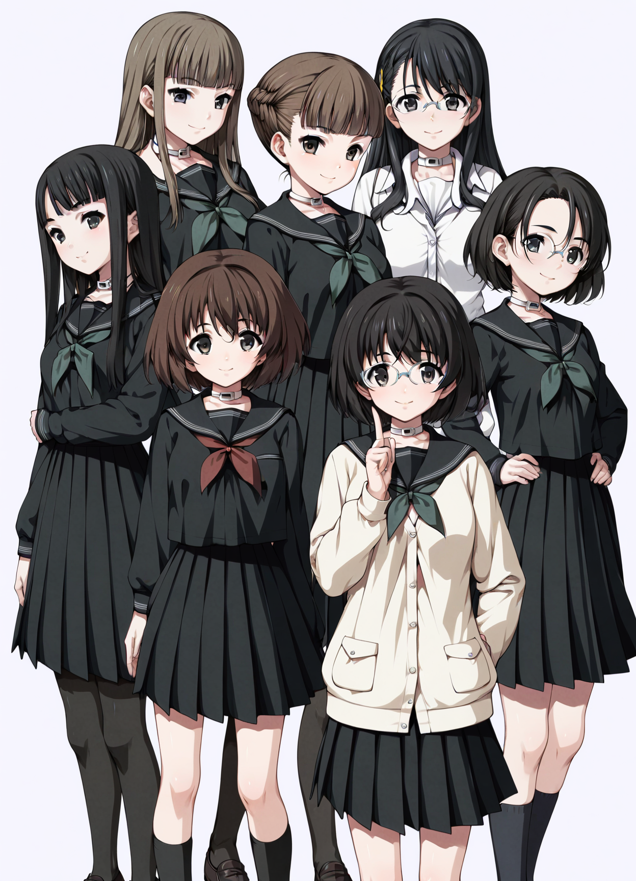 score_9, score_8_up, score_7_up,source_anime,uncensored,cowboy shot,
<lora:euphoria-style:0.8> euphoria-style,  multiple girls, school uniform, black hair, long hair, skirt, black serafuku, serafuku, pantyhose, brown hair, 6+girls, glasses, short hair, socks, white background, looking at viewer, black skirt, smile, loafers, shoes, cardigan, braid, neckerchief, pleated skirt, black eyes, standing, simple background, long sleeves, hairband, bangs