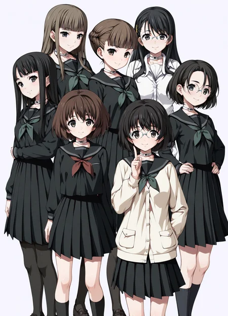 score_9, score_8_up, score_7_up,source_anime,uncensored,cowboy shot,
<lora:euphoria-style:0.8> euphoria-style,  multiple girls, school uniform, black hair, long hair, skirt, black serafuku, serafuku, pantyhose, brown hair, 6+girls, glasses, short hair, socks, white background, looking at viewer, black skirt, smile, loafers, shoes, cardigan, braid, neckerchief, pleated skirt, black eyes, standing, simple background, long sleeves, hairband, bangs