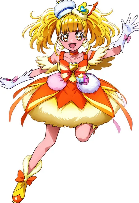 pretty cure, Check Images/Description, style eyes, nose, characters, eyes character, precure face character, white background, simple background, 1girl, solo, hair medium, pom pom \(clothes\), blush, doki doki precure face, open mouth, smile, zettai ryouiki, full body, happy, magical girl, short hair, hair medium, ahoge, pom pom \(clothes\), jewelry, eyelashes, white gloves, knee boots, white boots, small hat, heart, white footwear, white headwear, small dress, bow, twintails, hand on own hip, blonde hair, standing on one leg, skirt, bare shoulders,  shirt with detached sleeves, multicolored clothes, bubble skirt, light yellow white pom pom earrings, bubble skirt, star brooch, waving, heart hair, dark yellow shorts under skirt, shoes, blunt bangs, orange choker, arm strap, blush, collarbone, miniskirt, hair dark bow, fur trim, shirt, sleeveless, official style, short twintails, orange red skirt, hair ornament, standing, hairstyle, yellow footwear, orange red footwear style, style dress, dark yellow belt bow, dark yellow ribbon bow belt, ribbon, mini skirt,