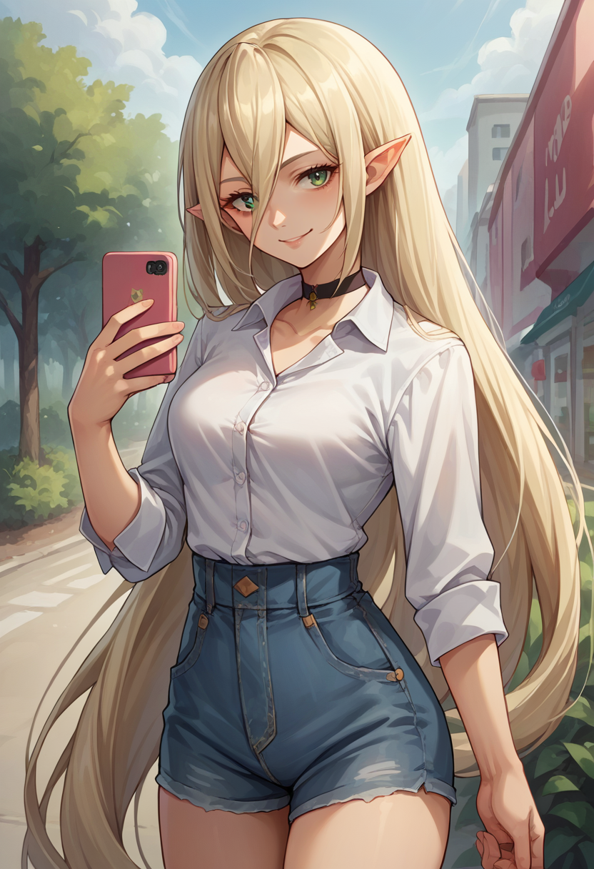 score_9, score_8_up, source_anime, 1girl, solo, Magilou, pointy ears, very long hair, hair between eyes, white shirt, dress shirt, black choker, holding cellphone, denim shorts, high-waist shorts, outdoors, smile, <lora:ChamMagilouPonyXL:1>