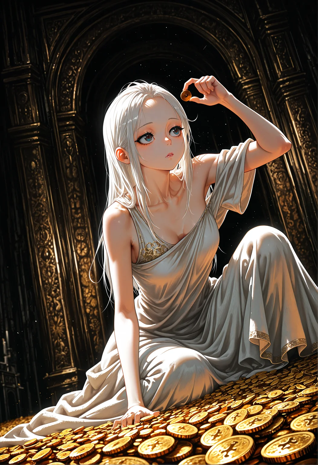  jh-illu, agm-illu, masterpiece, best quality, good quality, newest, highres, cinematic, volume light, dutch angle, limited pallete, 1girl, white greek clothes, hold coin at head, sit at side, hair side, forehead, treasury background, gold coins, 