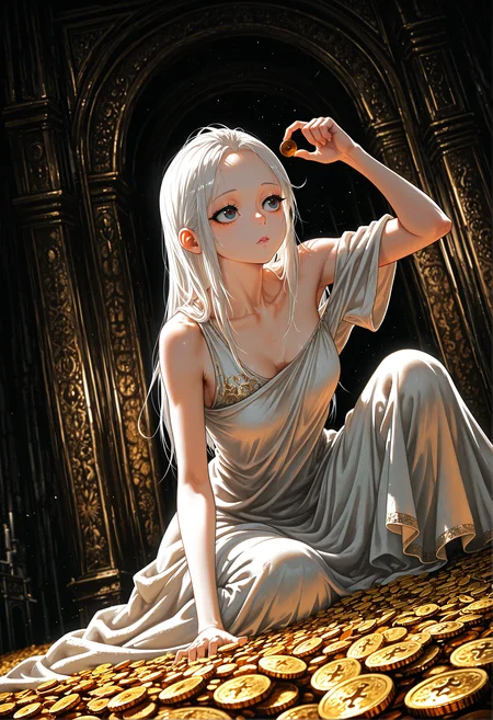 jh-illu, agm-illu, masterpiece, best quality, good quality, newest, highres, cinematic, volume light, dutch angle, limited pallete, 1girl, white greek clothes, hold coin at head, sit at side, hair side, forehead, treasury background, gold coins,